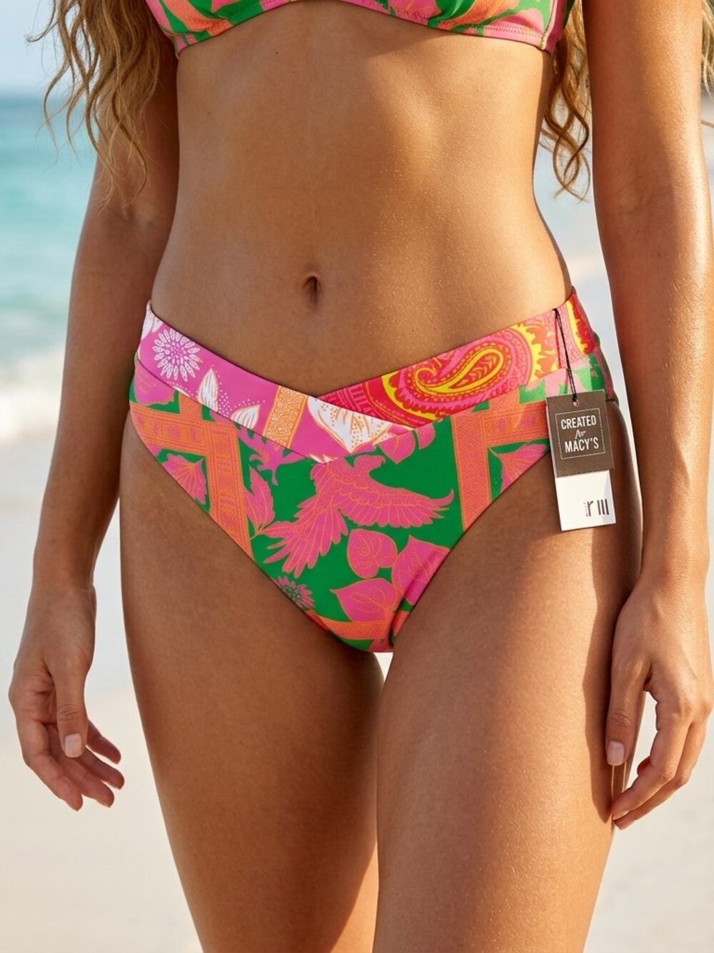 Bar III Women's V-Waist Printed High-Leg Bikini Bottom Size L NWTS